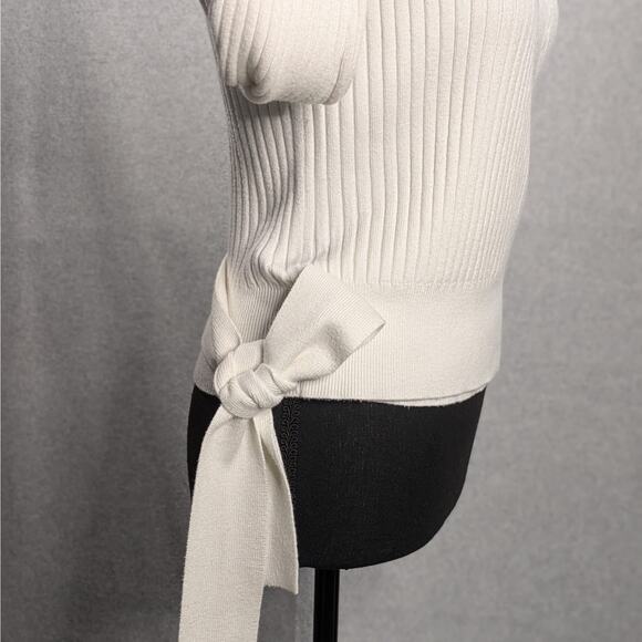 BTFBM Wrap V-Neck Cropped Sweater White Ribbed Knit Long Sleeve Women’s L - Picture 15 of 16